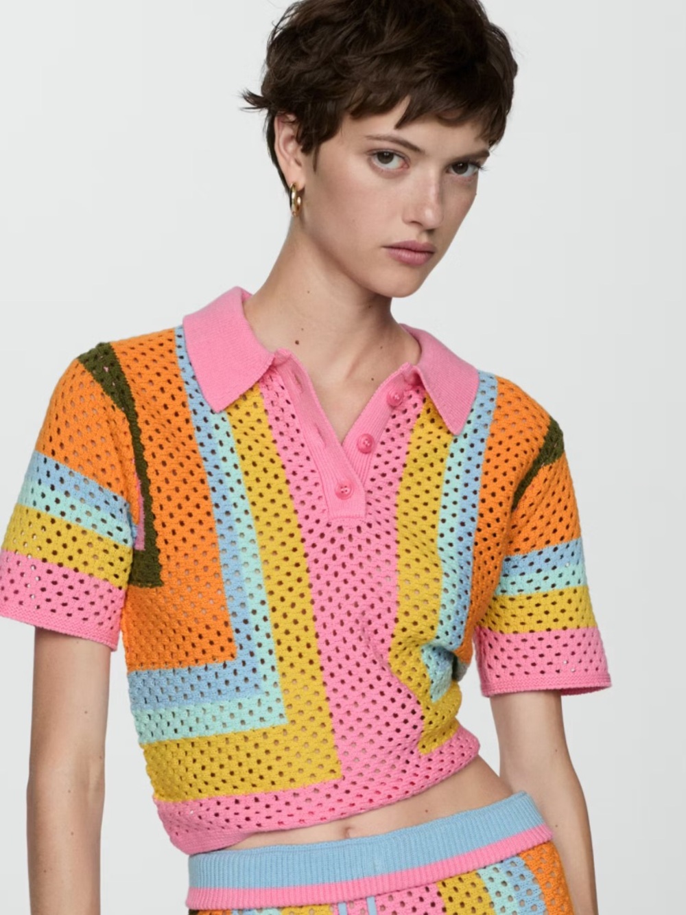 Mango Cotton Crochet Polo Sweater Pink Orange Size XS Boxy Fit